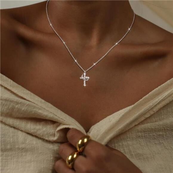 Dainty Cross Necklace Gold Silver CZ Pendant Waterproof Non Tarnish Jewelry - Picture 2 of 7